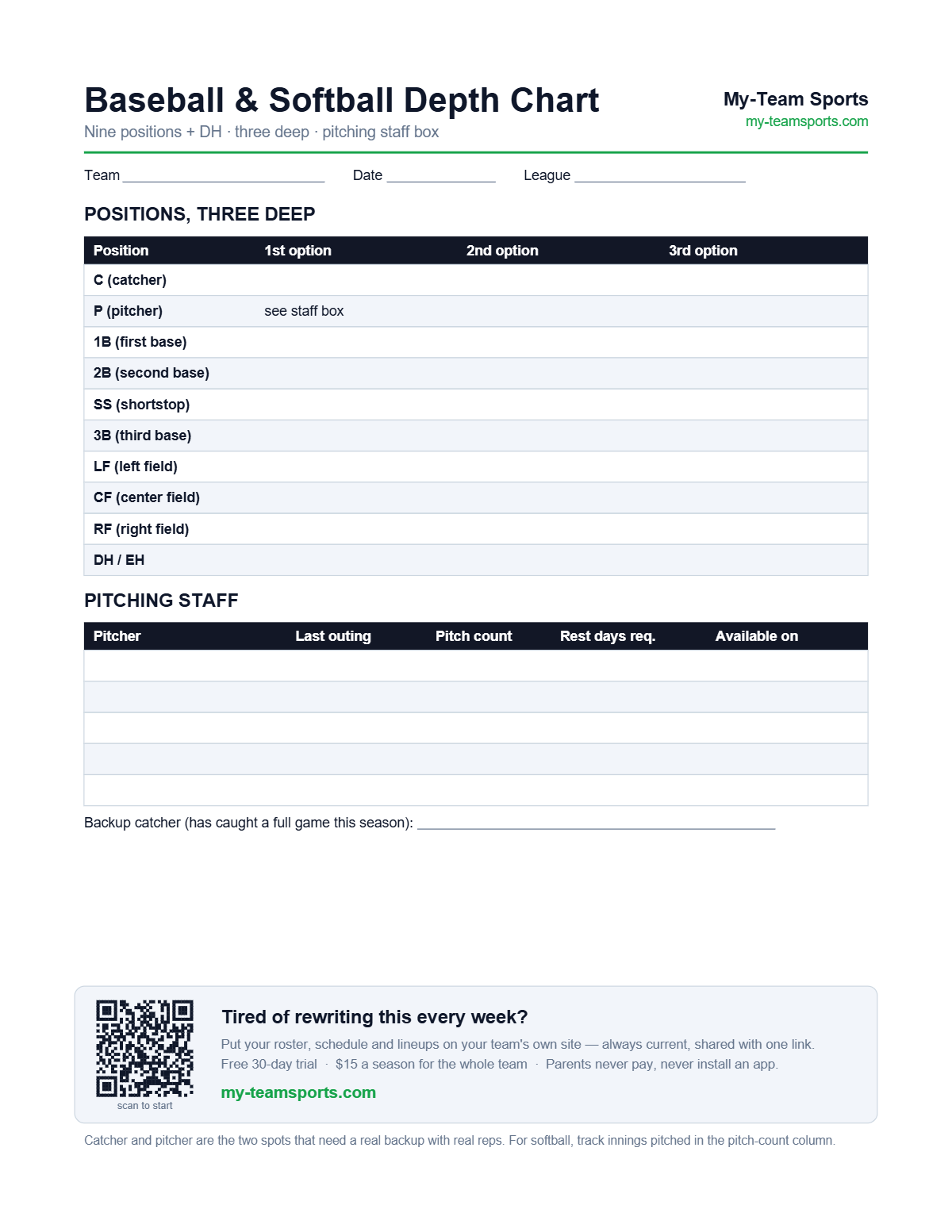 Baseball Depth Chart Template — preview of the free printable PDF from My-Team Sports