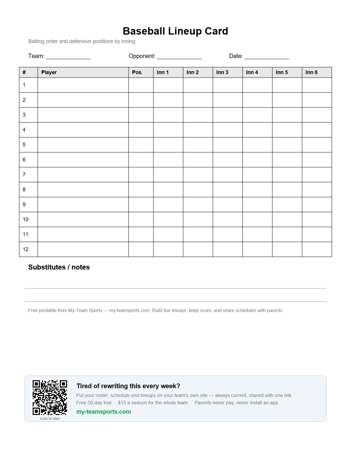 Baseball Lineup Card Template — preview of the free printable PDF from My-Team Sports