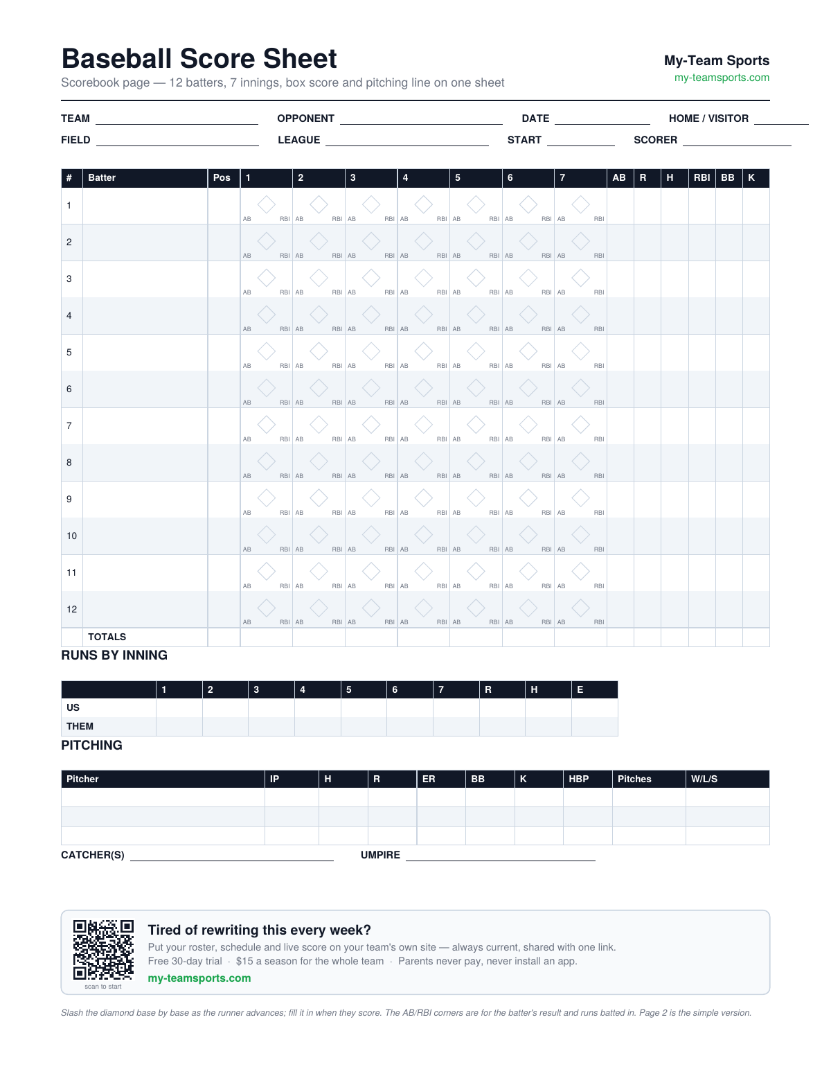 Baseball Score Sheet Template — preview of the free printable PDF from My-Team Sports