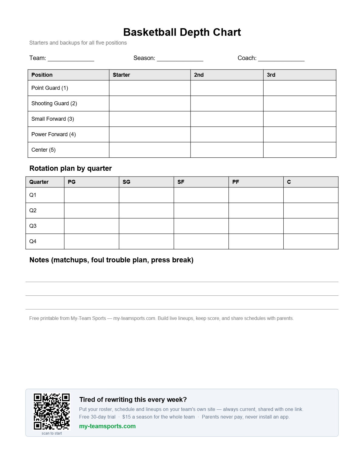 Basketball Depth Chart Template — preview of the free printable PDF from My-Team Sports
