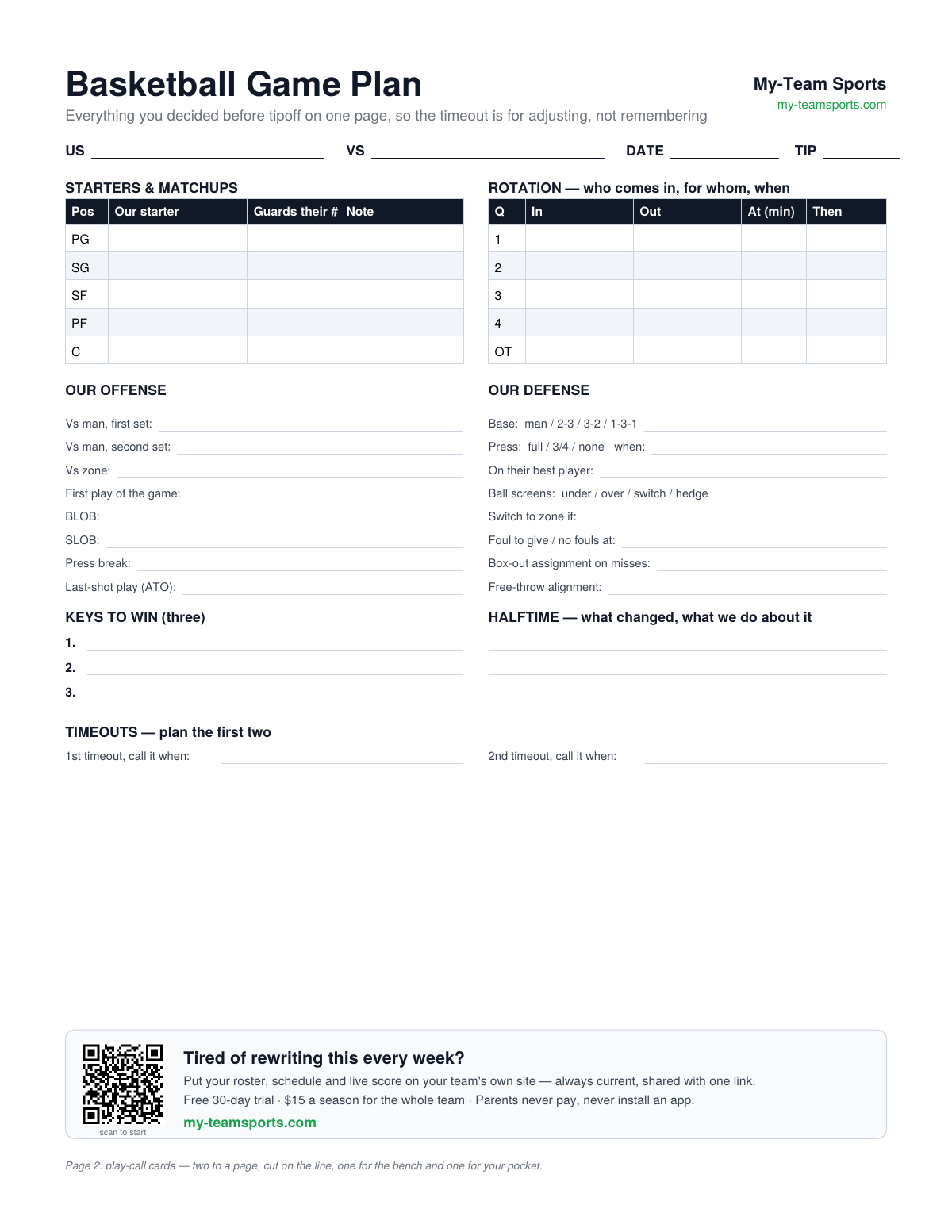 Basketball Game Plan Template — preview of the free printable PDF from My-Team Sports