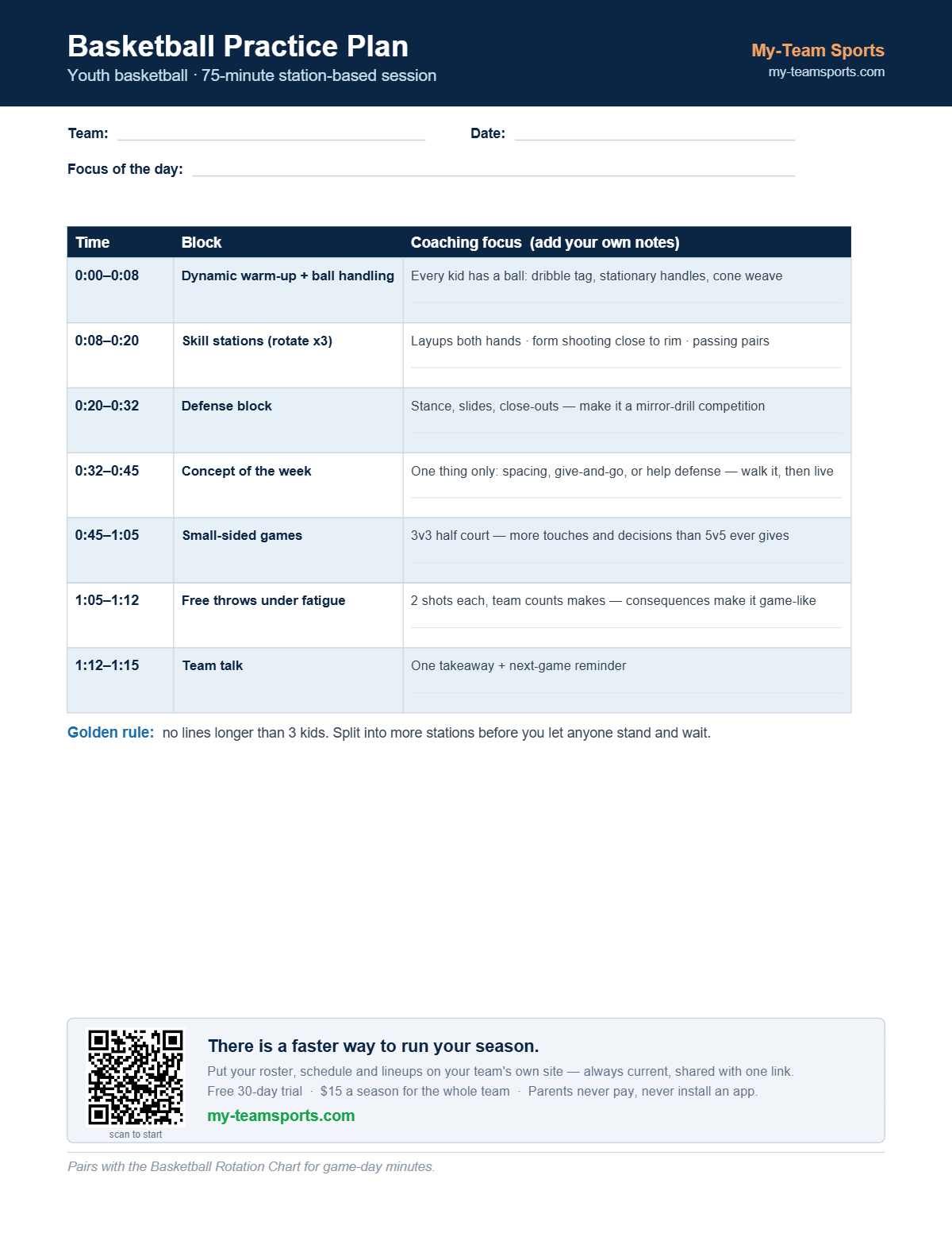 Basketball Practice Plan: 75-Minute Template — preview of the free printable PDF from My-Team Sports