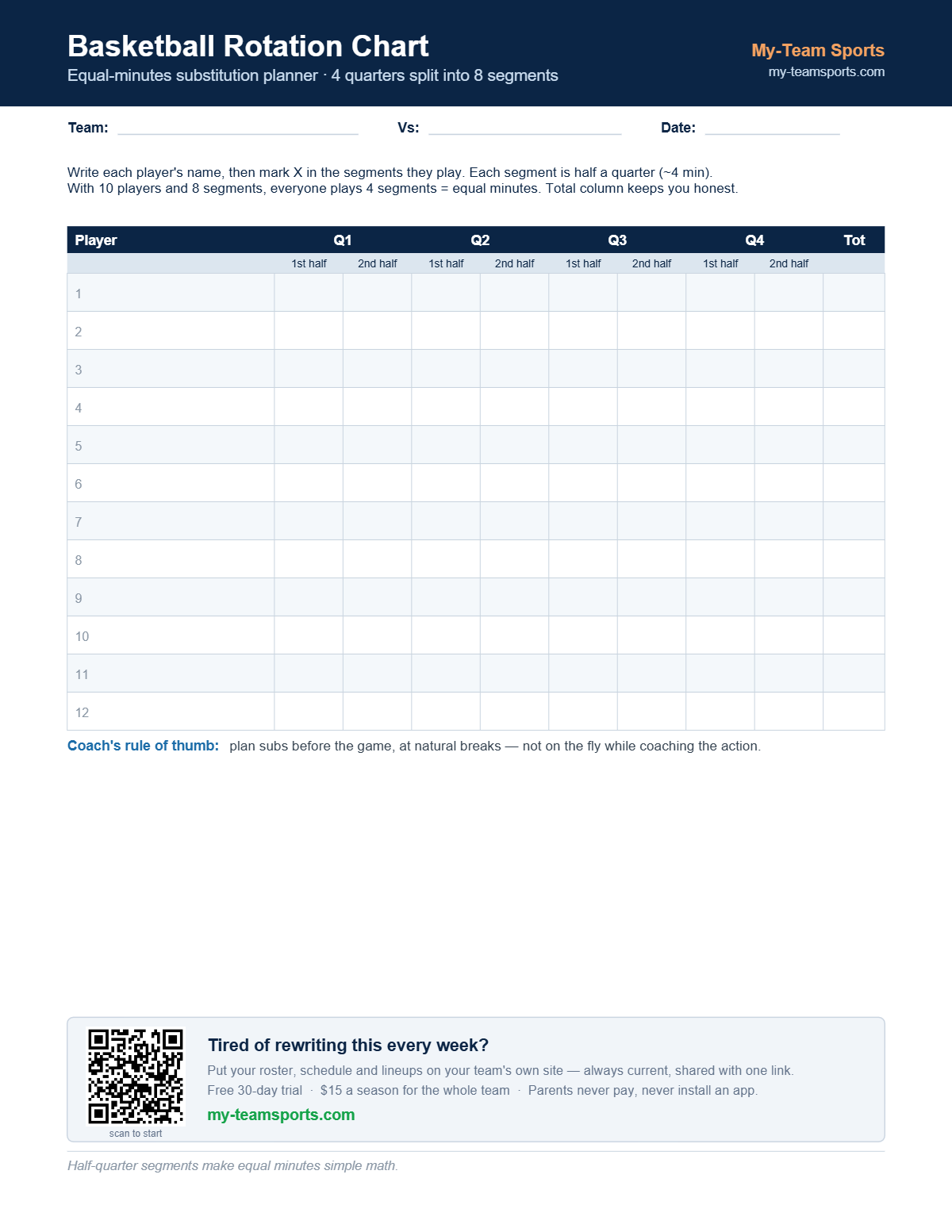 Basketball Rotation Chart — preview of the free printable PDF from My-Team Sports