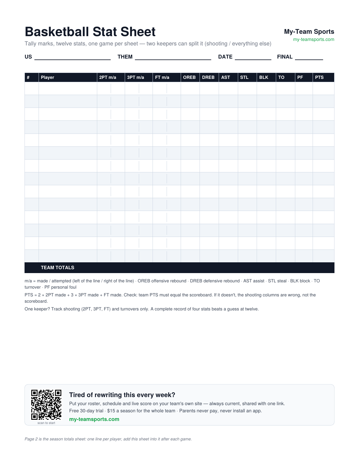 Basketball Stat Sheet Template — preview of the free printable PDF from My-Team Sports