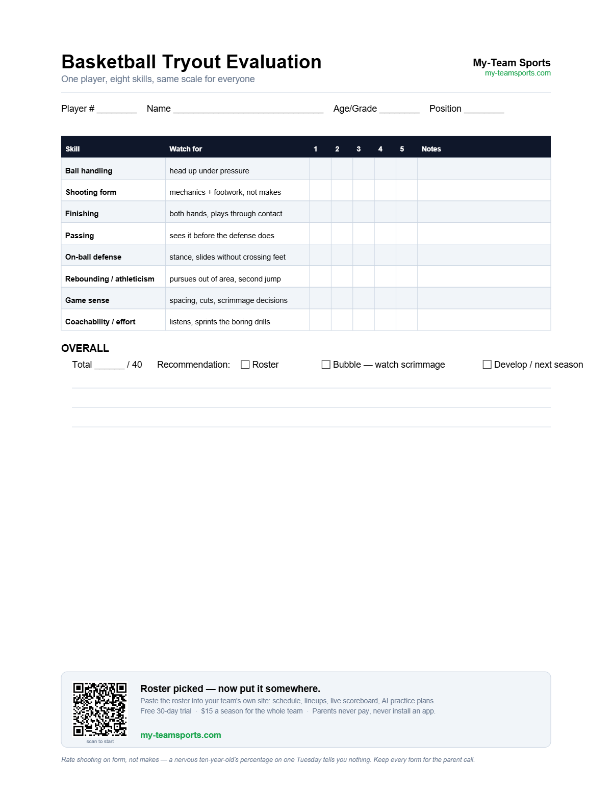 Basketball Tryout Evaluation Form — preview of the free printable PDF from My-Team Sports