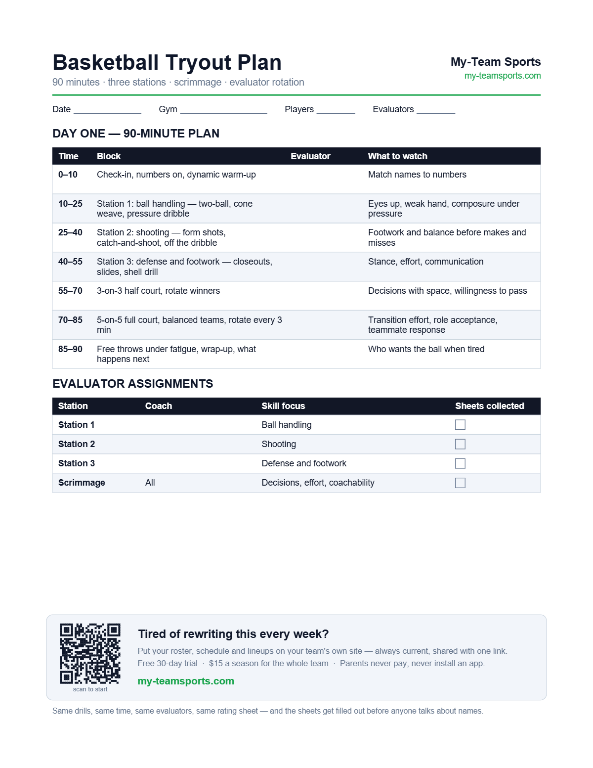 Basketball Tryout Plan Template — preview of the free printable PDF from My-Team Sports