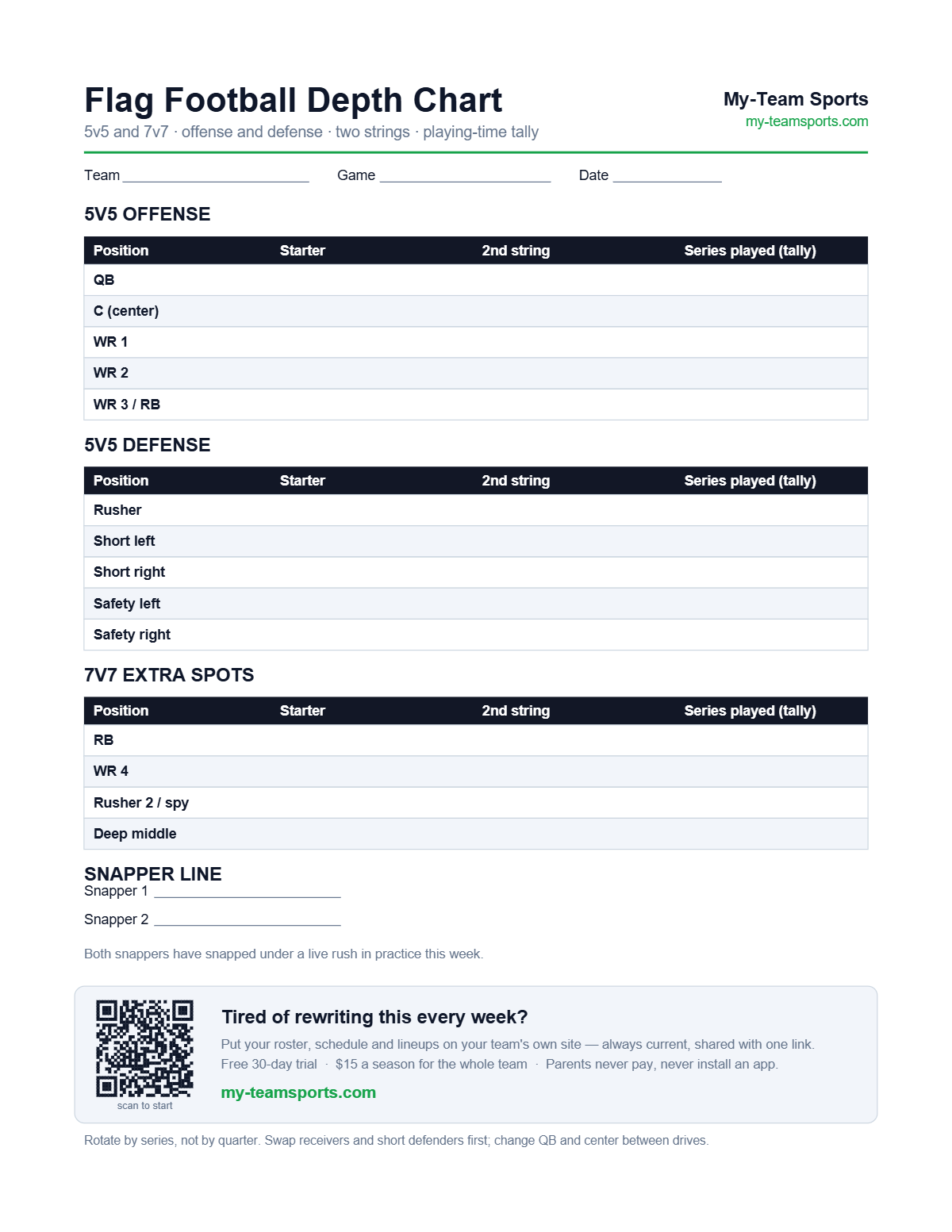 Flag Football Depth Chart Template — preview of the free printable PDF from My-Team Sports
