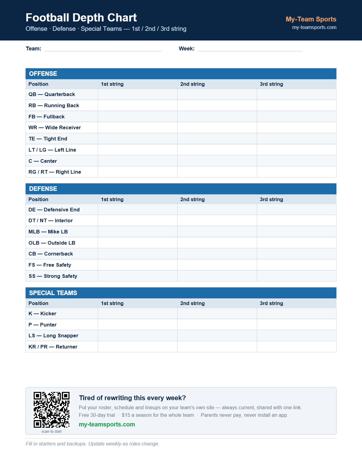 Football Depth Chart Template — preview of the free printable PDF from My-Team Sports