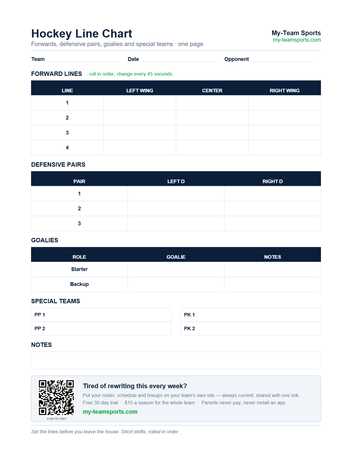 Hockey Line Chart Template — preview of the free printable PDF from My-Team Sports