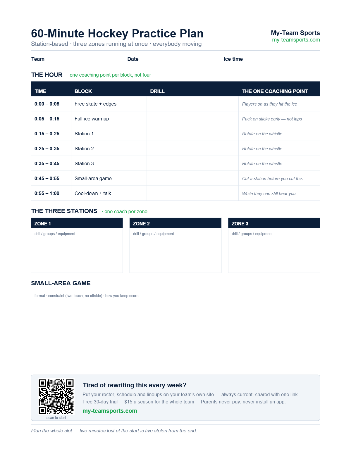60-Minute Hockey Practice Plan Template — preview of the free printable PDF from My-Team Sports