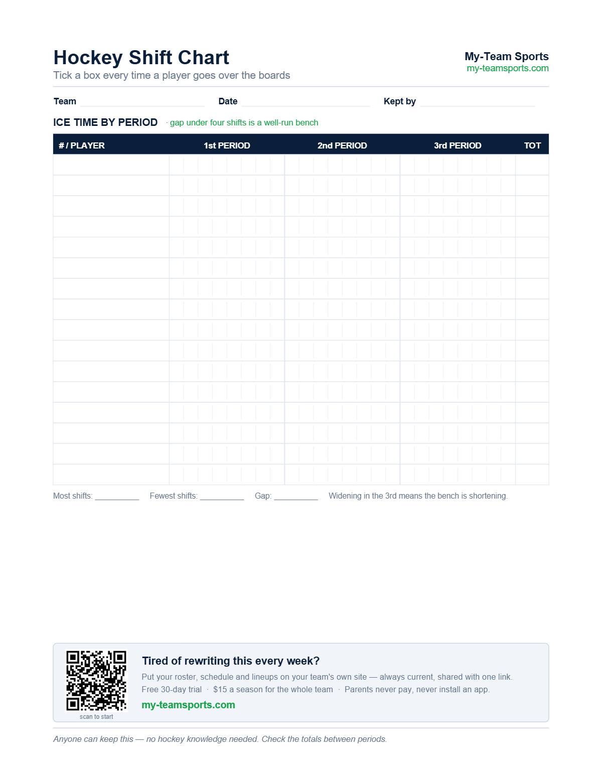 Hockey Shift Chart Template — preview of the free printable PDF from My-Team Sports