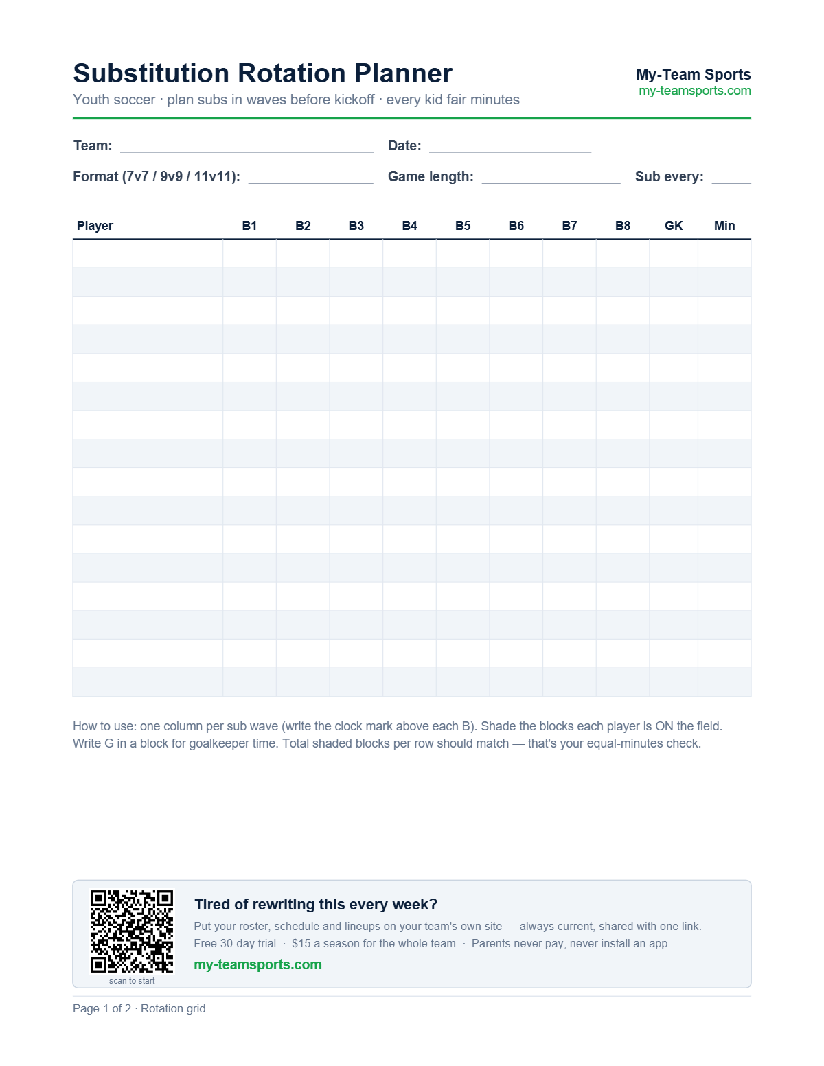 Soccer Substitution Rotation Planner — preview of the free printable PDF from My-Team Sports