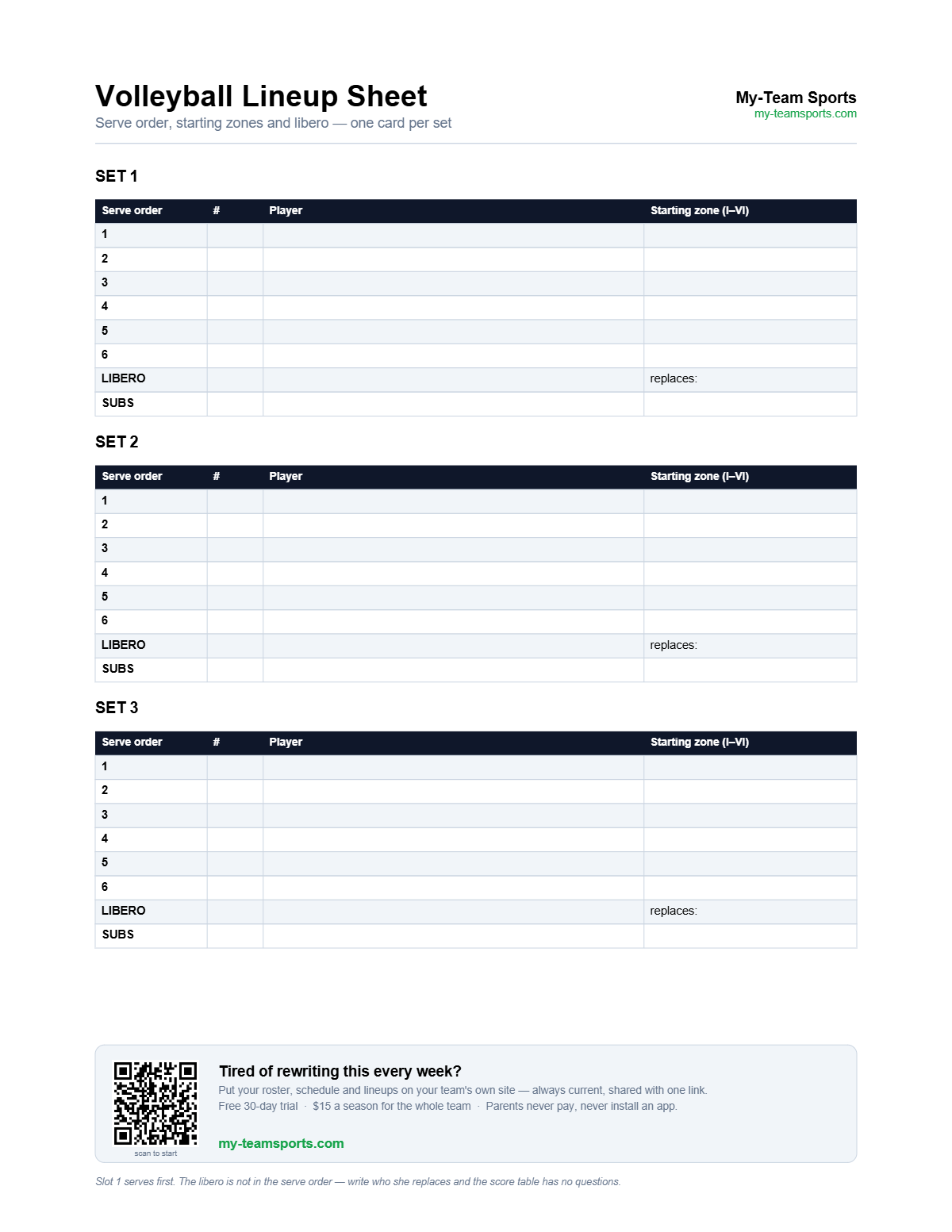 Volleyball Lineup Sheet Template — preview of the free printable PDF from My-Team Sports