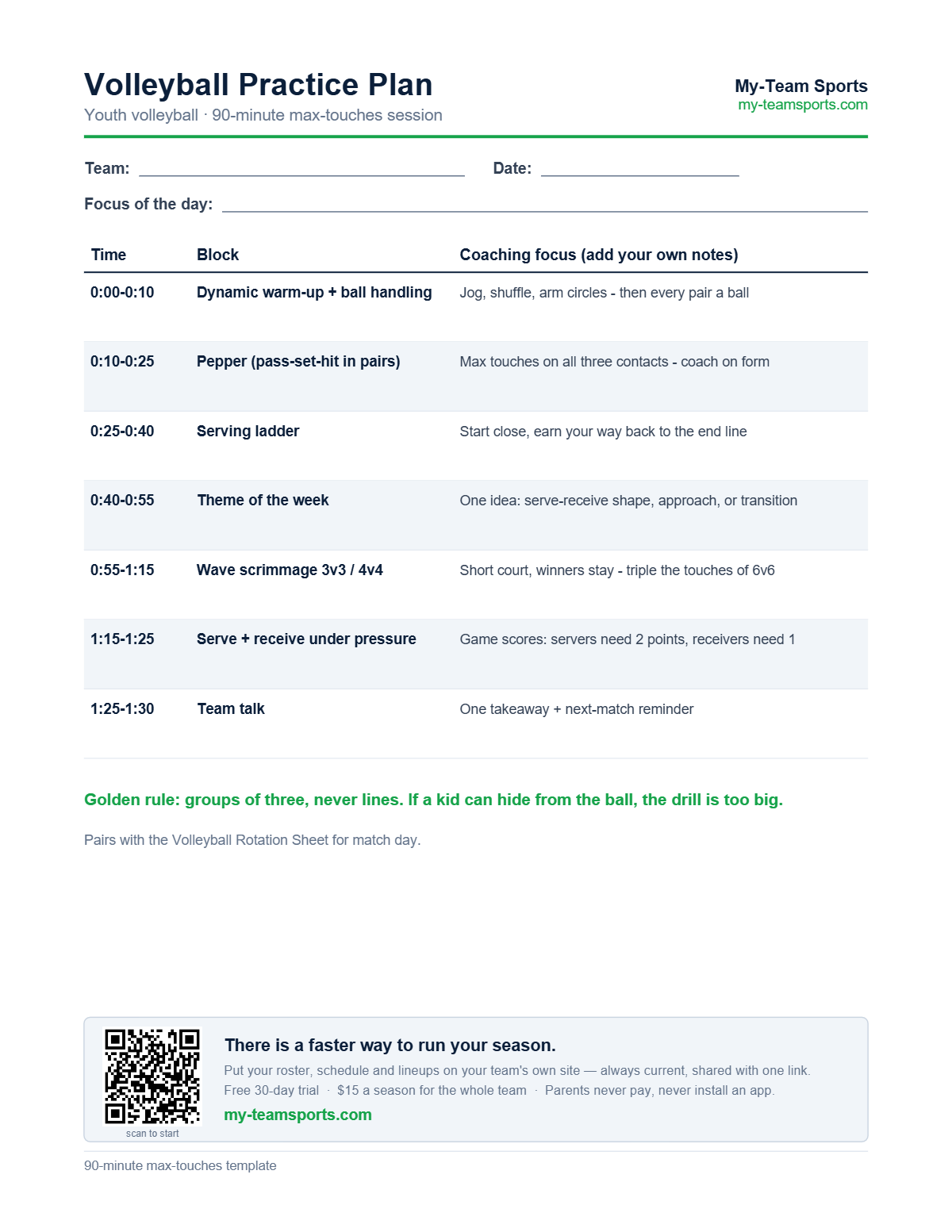 Volleyball Practice Plan: 90-Minute Template — preview of the free printable PDF from My-Team Sports
