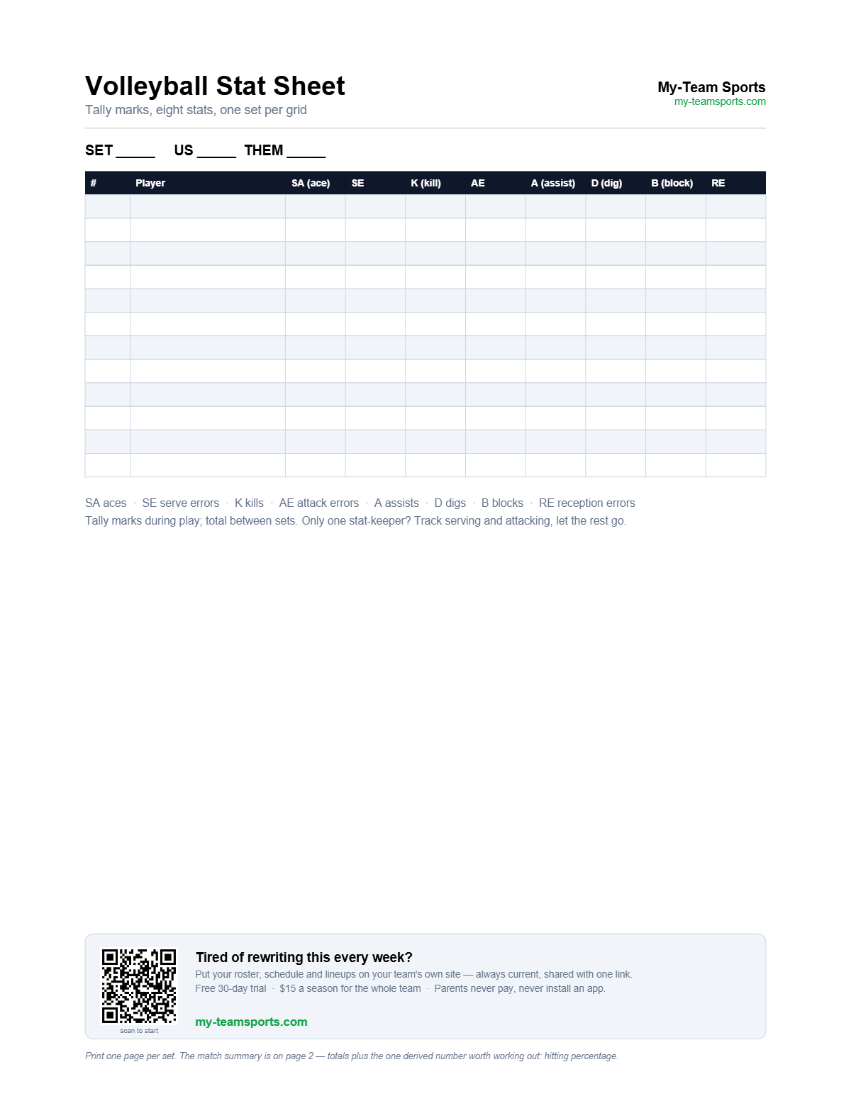 Volleyball Stat Sheet Template — preview of the free printable PDF from My-Team Sports